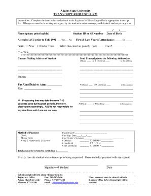 Fillable Online Adams Transcript Request Form Adams State University