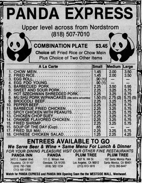 Panda Express 1985 Menu Vintagemenus