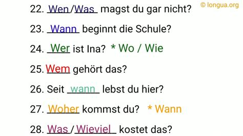 wer wen wem wessen Fragen Fragewörter W Fragen Questions wann