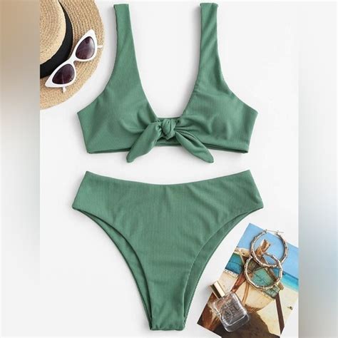 Zaful Swim Zaful Ribbed Tiefront Bikini With Midrise Cheeky Bottom