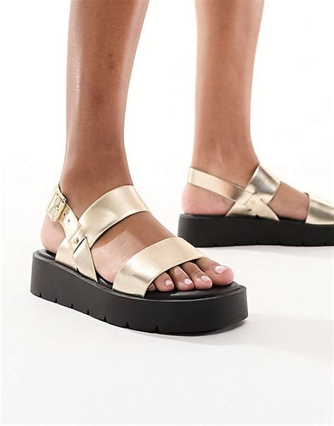 Schuh Tayla Double Strap Sling Back Sandals In Gold Asos