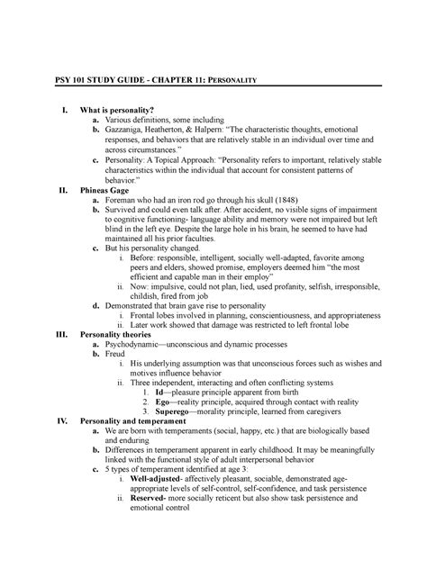 PSY 101 Study Guide Chapter 11 Personality PSY 101 STUDY GUIDE