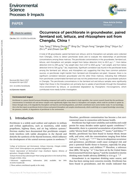 Pdf Occurrence Of Perchlorate In Groundwater Paired Farmland Soil