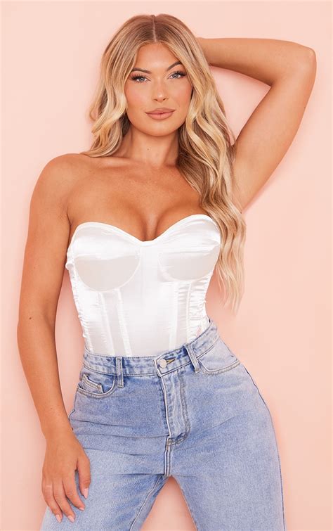 White Satin Corset Bodysuit Tops Prettylittlething Usa