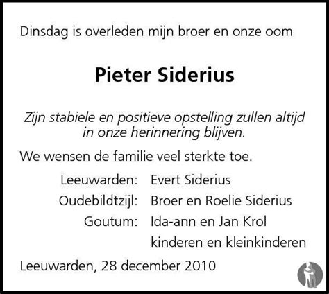 Pieter Siderius Overlijdensbericht En Condoleances