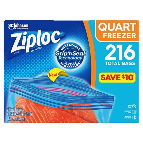 Easy Open Ziploc Tabs Freezer Quart Bags 216 Ct