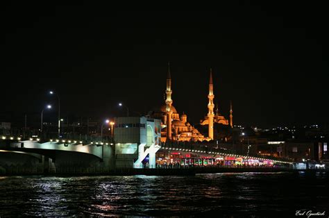 Galata Bridge And New Mosque At Night In Istanbul