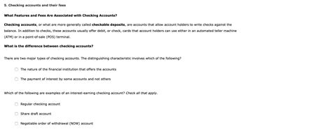 Solved 5. Checking accounts and their fees What Features and | Chegg.com