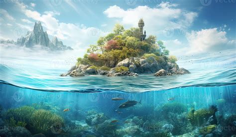 Tropical Island And Coral Reef - Split View With Waterline. Beautiful