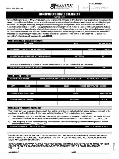 Nonresident Student Driver Statement Form Fill Out And Sign