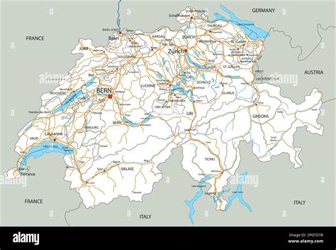 High Detailed Switzerland Road Map With Labeling Stock Vector