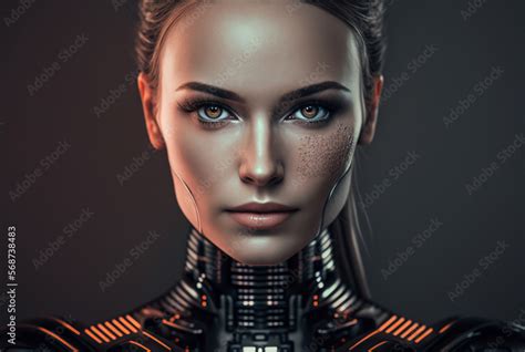 A Woman Half Robot Or A Humanoid Android With Artificial Intelligence