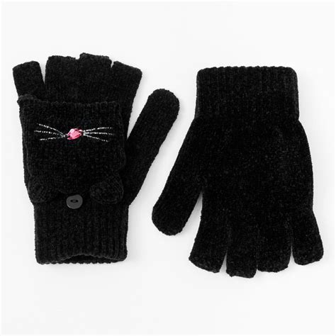 Cat Fingerless Gloves With Mitten Flap - Black | Claire's US