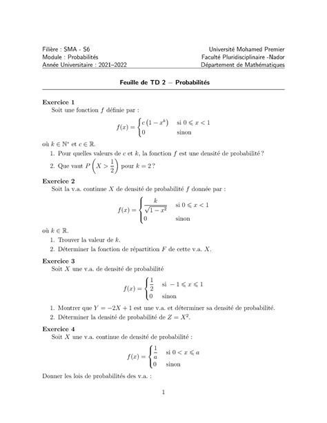 Td Probabilit S Td Probabilit S Fili Ere Sma S Universit E