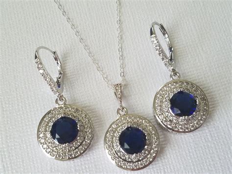 Navy Blue Jewelry Set Blue Silver Earringsandnecklace Set Sapphire Halo