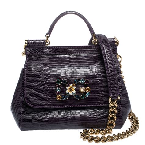 Dolce And Gabbana Purple Lizard Embossed Leather Mini Crystal Embellished