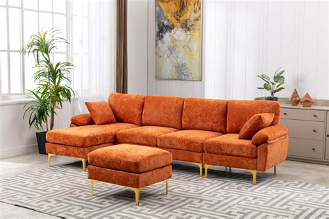 Living Room Sectional Sofa with Chaise Lounge, Ottoman and Pillows, Or – NOBLEMOOD