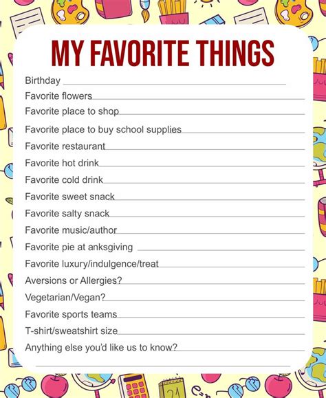 Free Printable My Favorite Things List