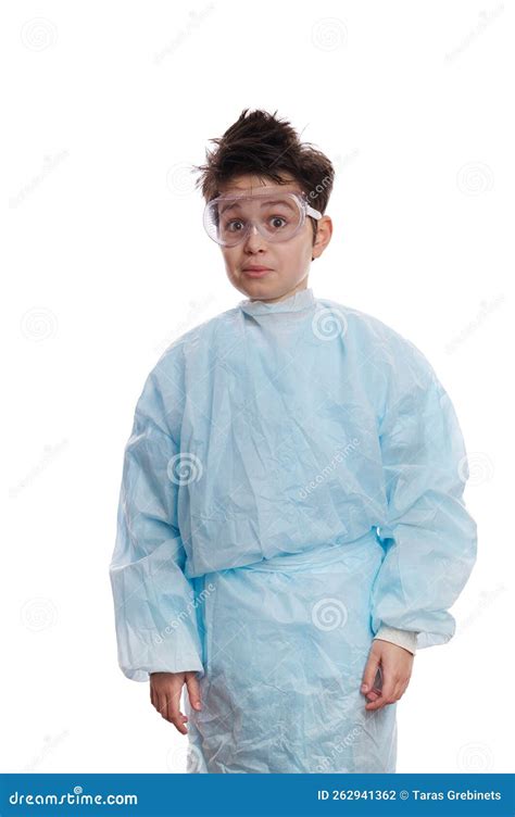 amazed smart teenage boy nerd scientist  labwear  goggles
