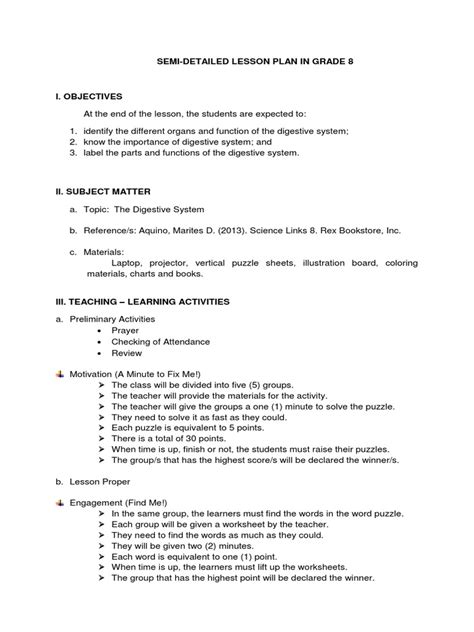 Semi Detailed Lesson Plan In Grade 8 Small Intestine Human