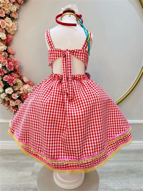 Vestido Infantil Junino Xadrez Vermelho Aplique De Lacinhos Rosa