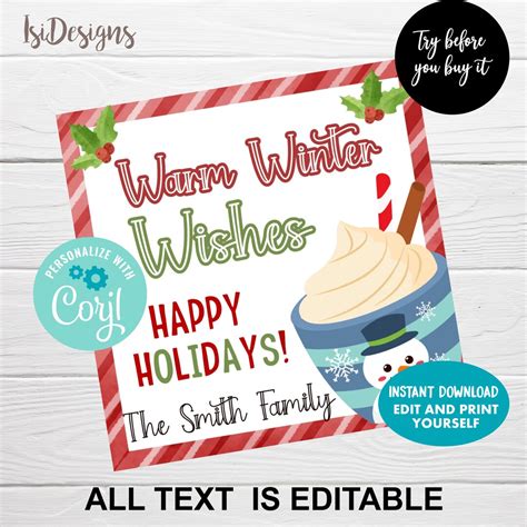 Editable Warm Wishes Gift Tag Christmas Hot Cocoa Tag Instant