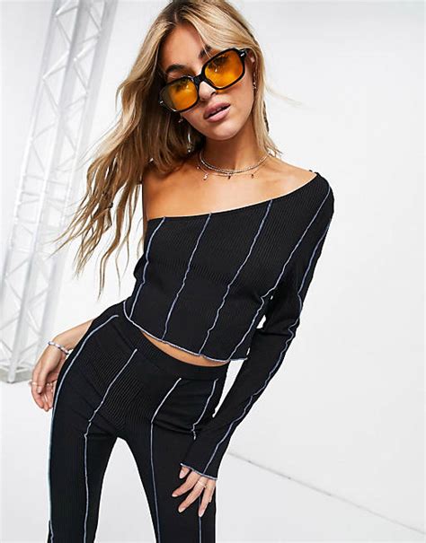 Topshop Exposed Seam One Shoulder Crop And Flared Trouser Co Ord In