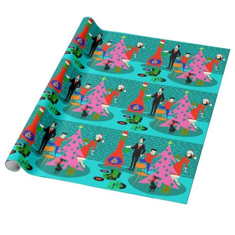 A Christmas Wrapping Paper With People And Trees On It