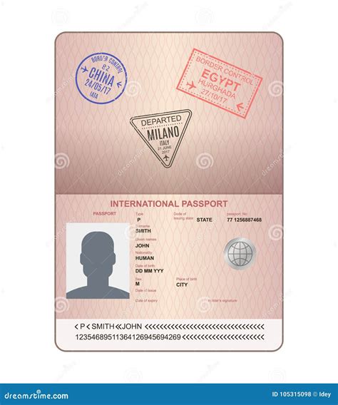 Template Of An Open Passport With Stamps Seals Travel Immigration Stock Vector