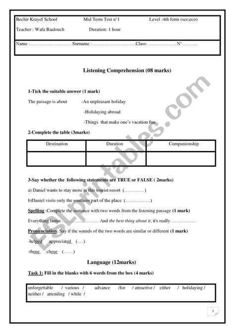 Mid Term Test N Th Form Esl Worksheet By Vbn Wafaenglish