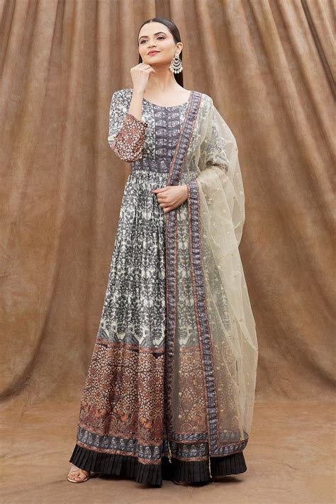 Buy Black Anarkali Dola Silk Printed Digital Round With Dupatta For