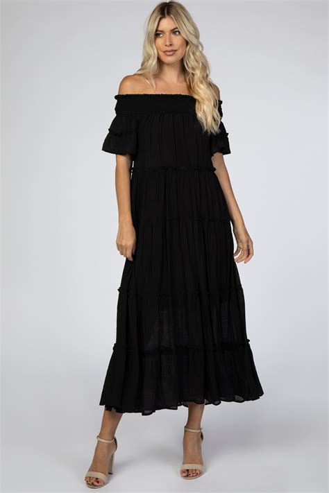 Black Off Shoulder Tiered Maxi Dress Pinkblush