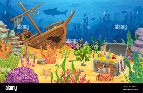 Underwater Game Landscape Sunken Ship And Treasure Chest Cartoon