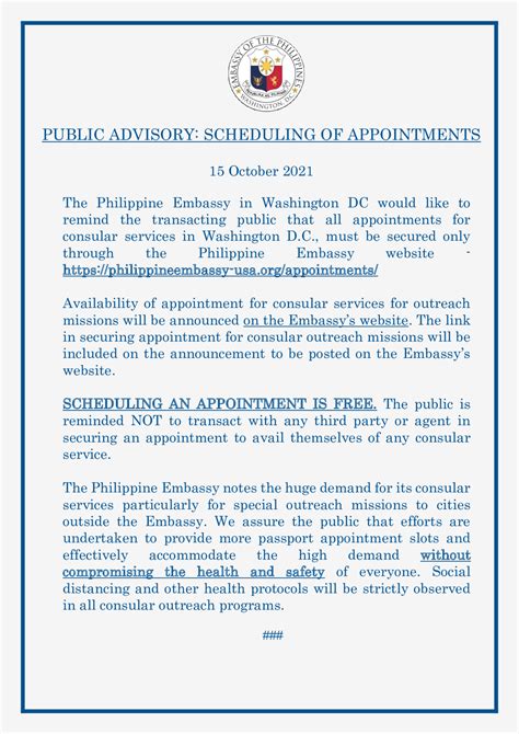 Public Advisory Scheduling Of Appointments Embassy Of The Republic Of The Philippines