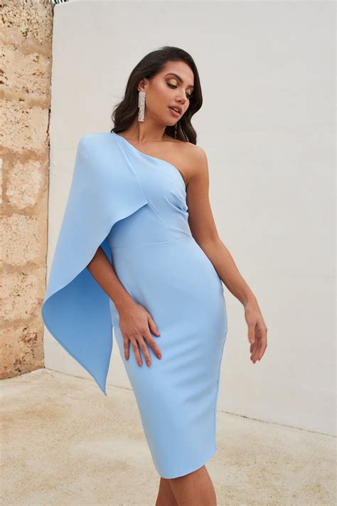 Lavish Alice One Shoulder Cape Midi Dress In Cornflower Blue Arelias