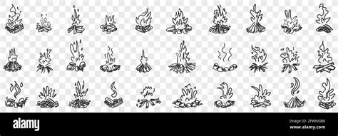 Burning Fire Flame Doodle Set Collection Of Hand Drawn Various Burning