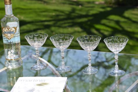 Vintage Needle Etched Crystal Cocktail Martini Glasses Set Of 6 Fostoria Circa 1940 Vintage