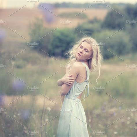 Sensual Blonde In A Blue Dress Photos Sensual Blonde In A Blue Dress By
