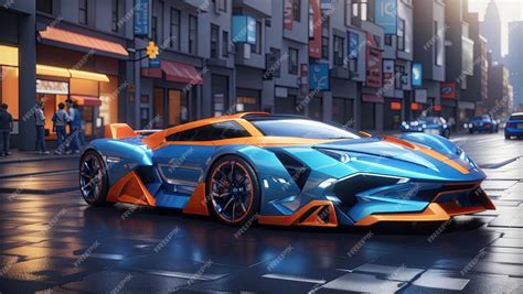 Premium Ai Image Futuristic Blue And Orange Sports Car On City Street