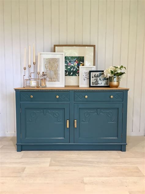 Matt Blue Vintage Oak Sideboard Turquoise Painted Furniture Oak