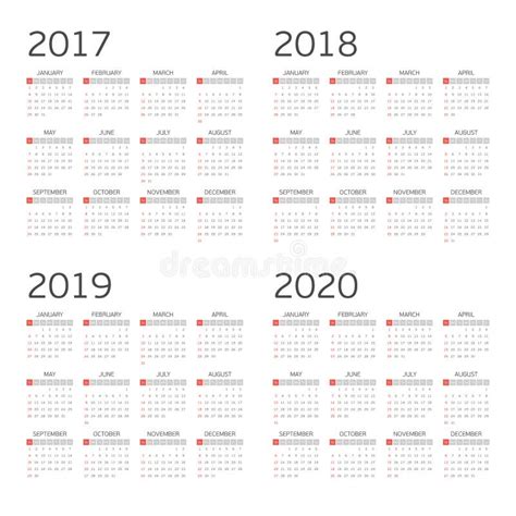 Kalender Av året 2017 2018 2019 2020 Enkel Design Vektor