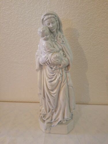 Vintage Mother Mary Holding Baby Jesus Ceramic Statue Painted White W