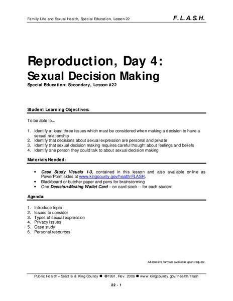 Lesson 22 Reproduction Day 4 Sexual Decision Making Lesson Plan For 9th 12th Grade