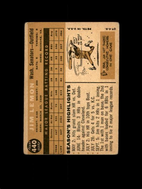 Topps Baseball Jim Lemon Starx G Vg Ls Ebay