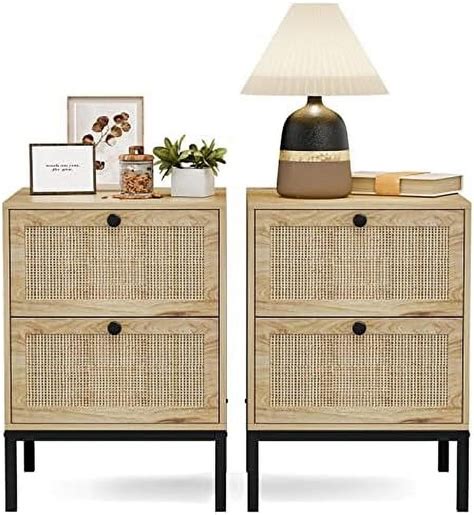 Spboomlife Rattan Nightstand End With Handmade Natural Rattan Drawers