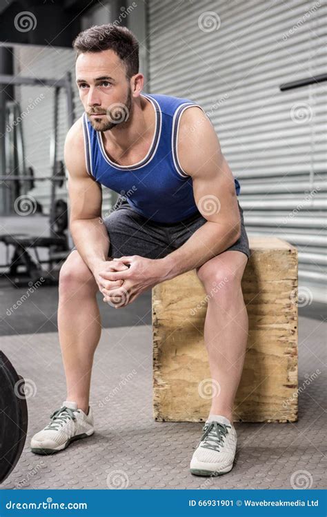 Homem Muscular Que Senta Se No Bloco De Madeira Imagem De Stock