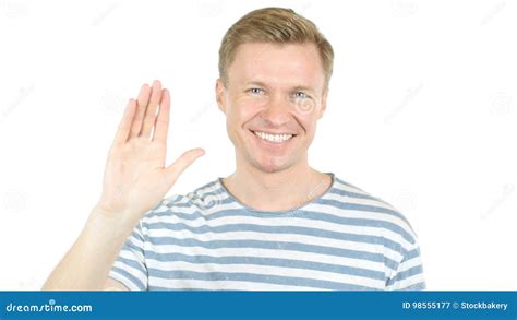 Welcoming Man Saying Hi Waving Hand In Air Hello Stock Image Image