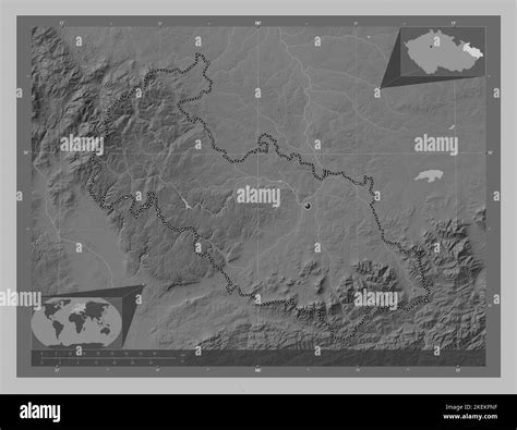 Moravskoslezsky Region Of Czech Republic Grayscale Elevation Map With Lakes And Rivers Corner