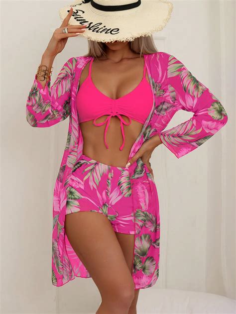 Tropical Print Drawstring Bikini Swimsuit With Kimono Shein Uk