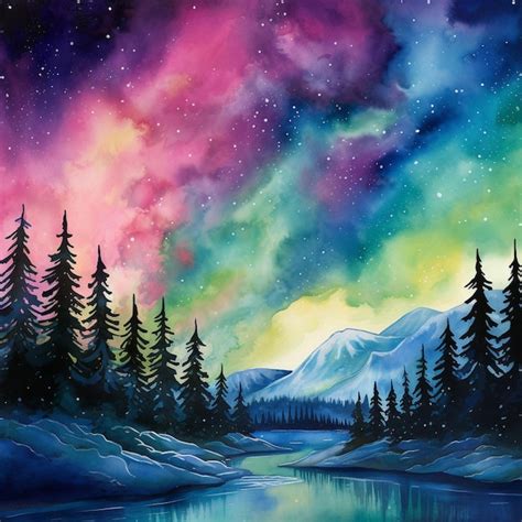 Premium Photo Painting Of A Night Sky With A Lake And Trees Generative Ai